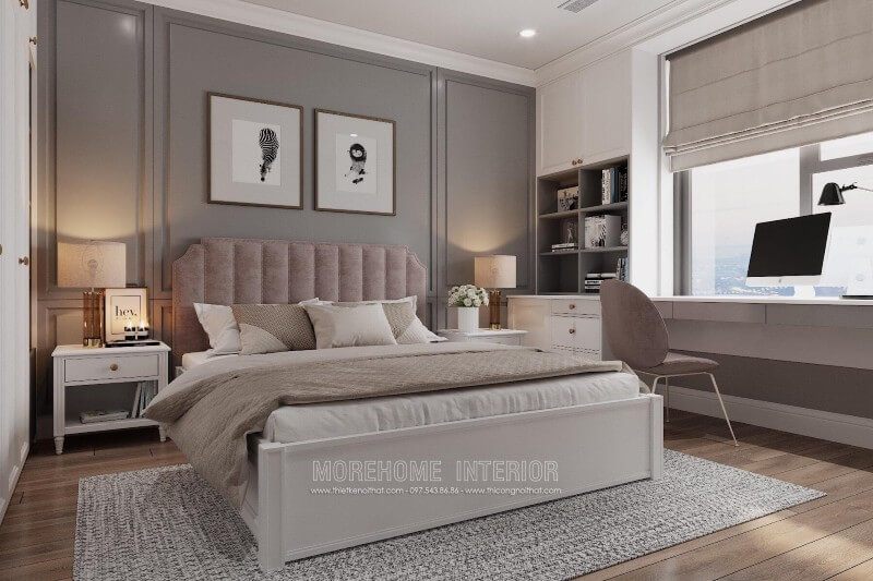 Mẫu giường ngủ gỗ An Cường bọc nỉ đầu giường cách điệu tạo điểm nhấn cho không gian phòng ngủ thêm sang trọng và tinh thế hơn